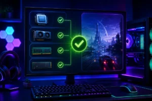 Monitor comparando processador, placa de vídeo, memória RAM e requisitos para verificar se um jogo roda no PC.