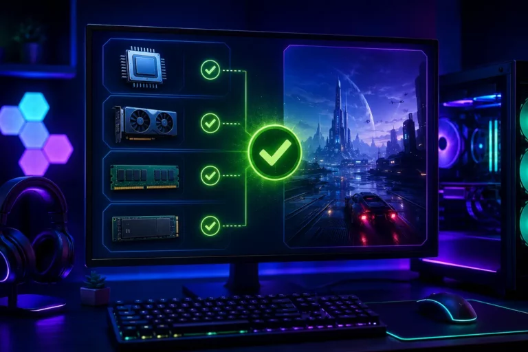 Monitor comparando processador, placa de vídeo, memória RAM e requisitos para verificar se um jogo roda no PC.