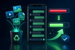 Celular com conversas preservadas enquanto fotos, vídeos e documentos são removidos para liberar espaço no WhatsApp.