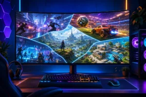 Setup gamer com monitor exibindo diferentes estilos entre os melhores jogos gratuitos para PC em 2026.
