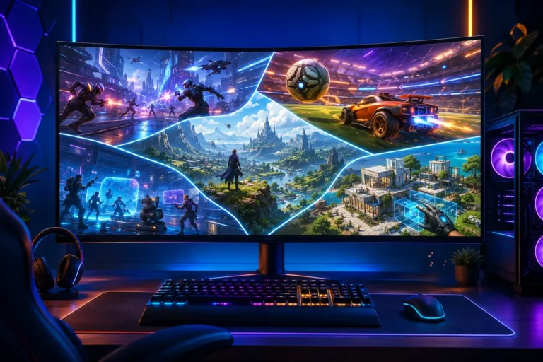 Setup gamer com monitor exibindo diferentes estilos entre os melhores jogos gratuitos para PC em 2026.