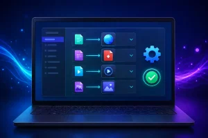 Notebook mostrando como alterar aplicativos padrão no Windows 11 para arquivos, links, imagens e vídeos.