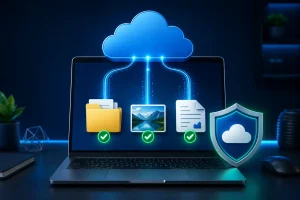Notebook exibindo backup automático no OneDrive de documentos, fotos e pastas protegidos na nuvem.