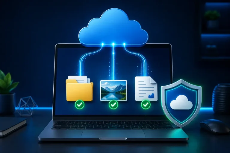 Notebook exibindo backup automático no OneDrive de documentos, fotos e pastas protegidos na nuvem.