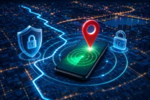 Celular Android sobre um mapa digital com marcador de localização, radar, escudo e cadeado de segurança.