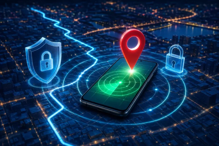 Celular Android sobre um mapa digital com marcador de localização, radar, escudo e cadeado de segurança.