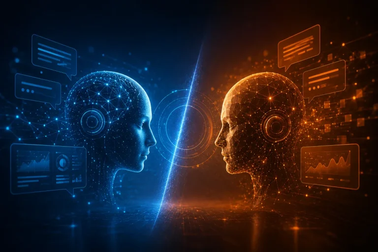 Comparação entre ChatGPT e Claude AI em uma representação de inteligência artificial