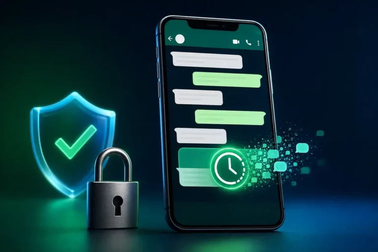 Celular exibindo mensagens temporárias no WhatsApp ao lado de um cadeado e um escudo de proteção.
