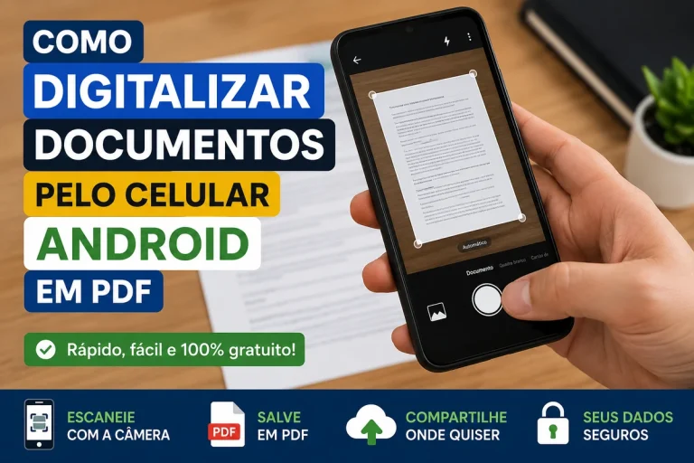 Celular usado para digitalizar documentos Android e transformar uma folha em arquivo PDF.