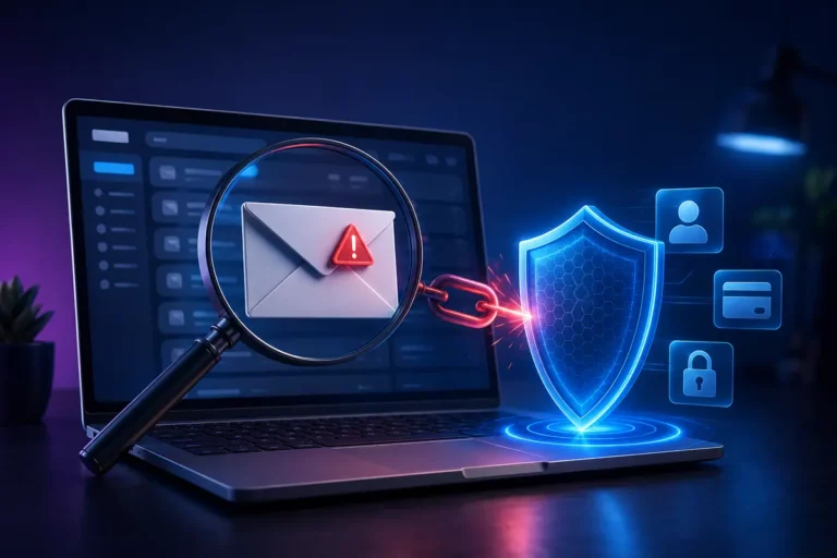 Como identificar e-mail falso analisado por uma lupa e bloqueado por um escudo de segurança digital.