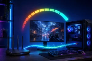 Computador gamer conectado ao roteador por cabo para reduzir o ping nos jogos online.