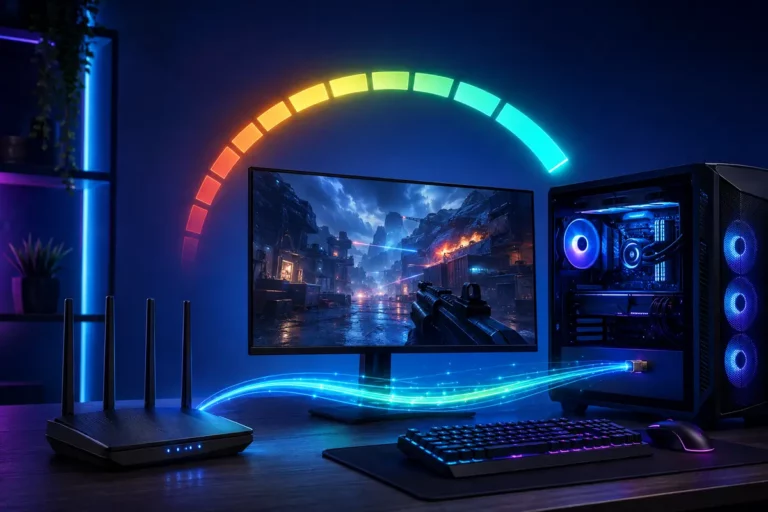 Computador gamer conectado ao roteador por cabo para reduzir o ping nos jogos online.