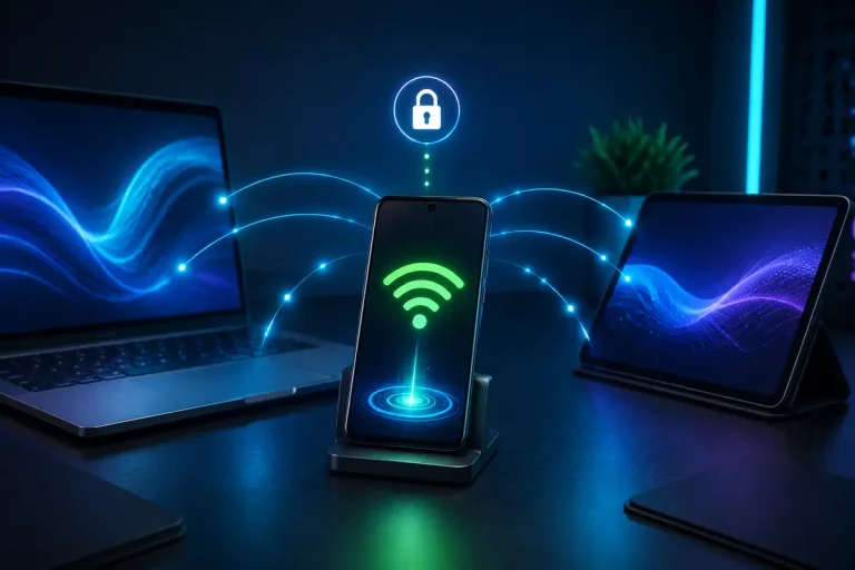 Celular Android compartilhando internet por Wi-Fi com um notebook e um tablet em uma conexão protegida por senha.