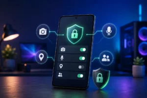 Celular Android com controles de permissões para câmera, microfone, localização e contatos.