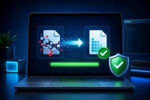 Notebook exibindo o processo para corrigir arquivos corrompidos no Windows 11 com segurança.