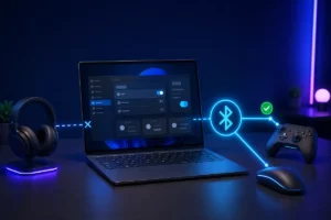 Notebook com dispositivos Bluetooth apresentando falha e conexão corrigida no Windows 11.