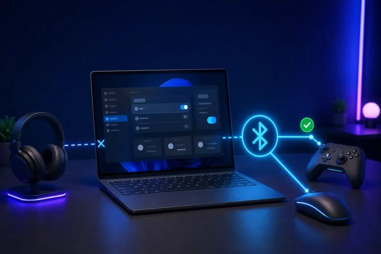 Notebook com dispositivos Bluetooth apresentando falha e conexão corrigida no Windows 11.