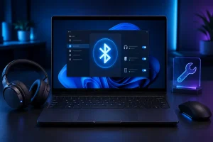 Notebook mostrando como corrigir problemas de Bluetooth no Windows 11 com fone e mouse sem fio.