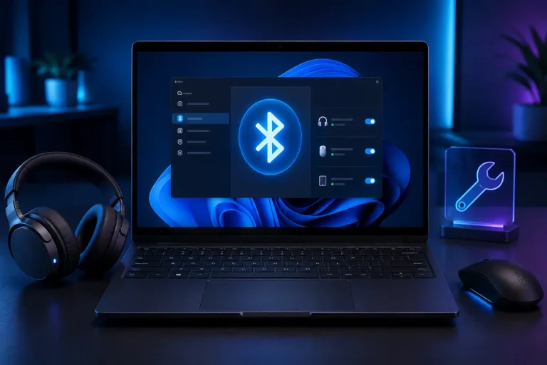 Notebook mostrando como corrigir problemas de Bluetooth no Windows 11 com fone e mouse sem fio.