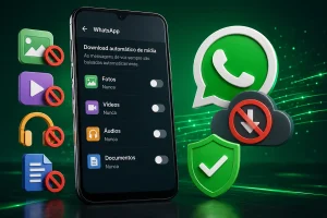 Smartphone mostrando como desativar download automático WhatsApp para fotos, vídeos e documentos.