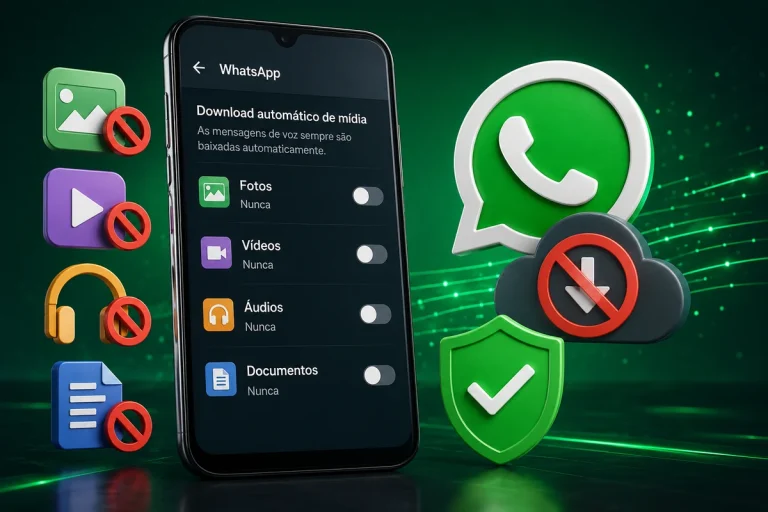 Smartphone mostrando como desativar download automático WhatsApp para fotos, vídeos e documentos.