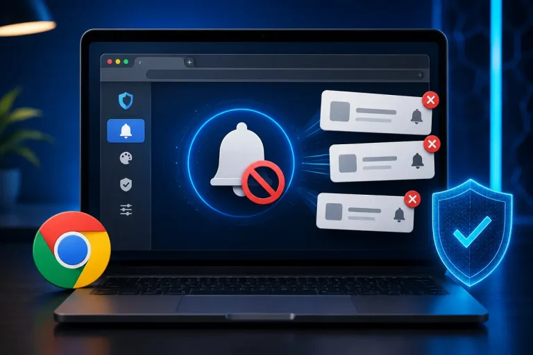 Notebook mostrando notificações indesejadas bloqueadas no Google Chrome com símbolos de segurança e proteção digital.