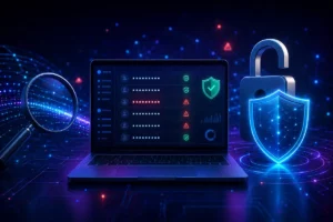 Notebook exibindo uma verificação de senhas vazadas, acompanhado por lupa, cadeado aberto e escudo de segurança digital.