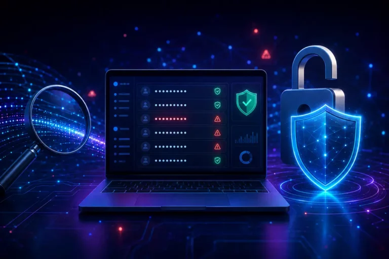 Notebook exibindo uma verificação de senhas vazadas, acompanhado por lupa, cadeado aberto e escudo de segurança digital.