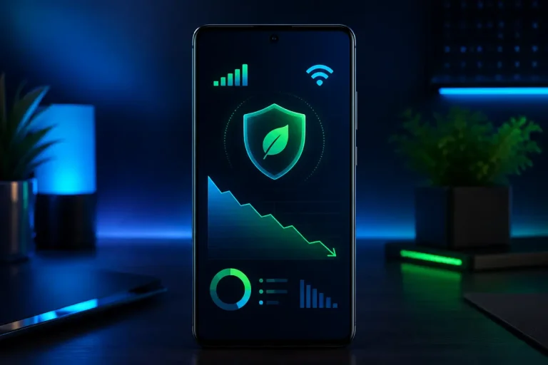 Celular Android mostrando como economizar dados móveis com gráfico de consumo e recurso de economia ativado.