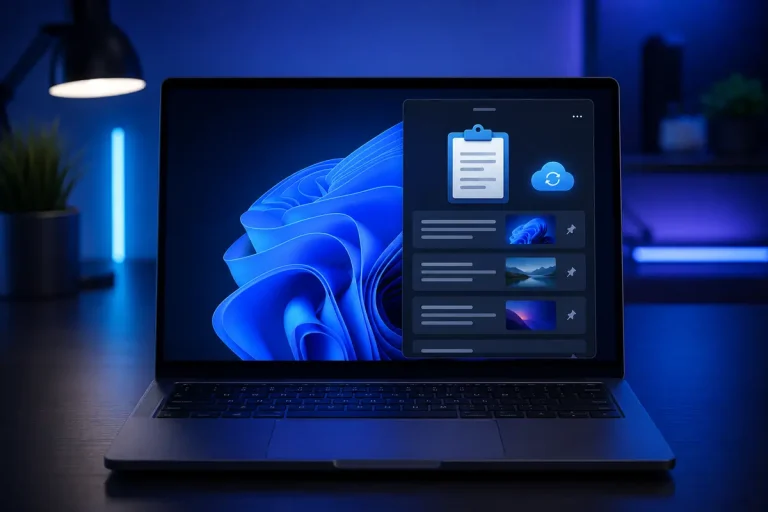 Notebook mostrando o histórico da área de transferência no Windows 11 com itens copiados e fixados.