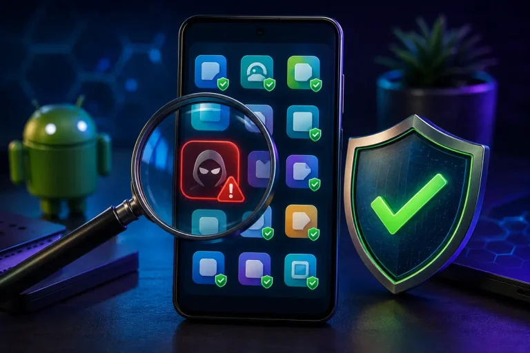 Celular Android com lupa para identificar aplicativos falsos e escudo indicando proteção contra aplicativos perigosos.