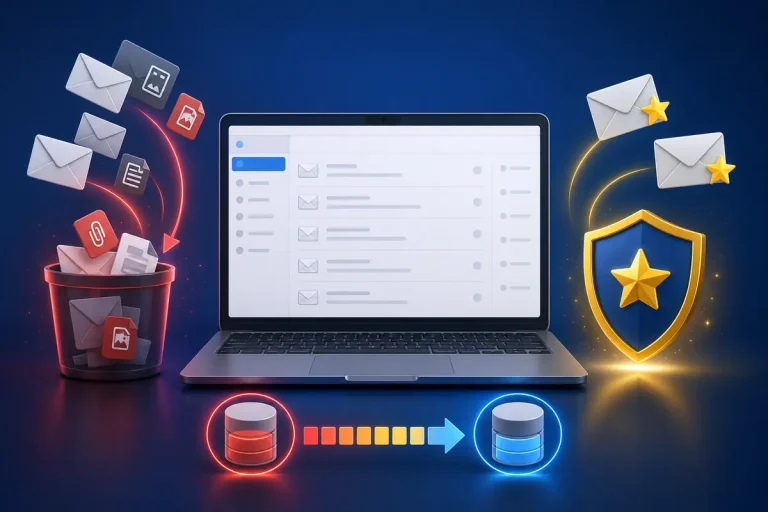 Notebook mostrando como liberar espaço no Gmail enquanto e-mails importantes permanecem protegidos.