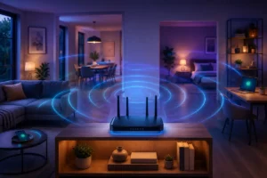 Roteador Wi-Fi posicionado em área central da casa com sinal alcançando diferentes cômodos.