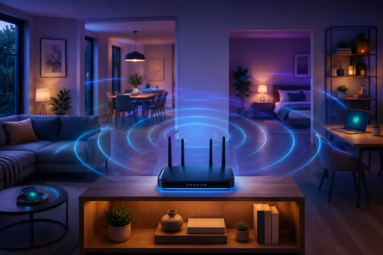 Roteador Wi-Fi posicionado em área central da casa com sinal alcançando diferentes cômodos.