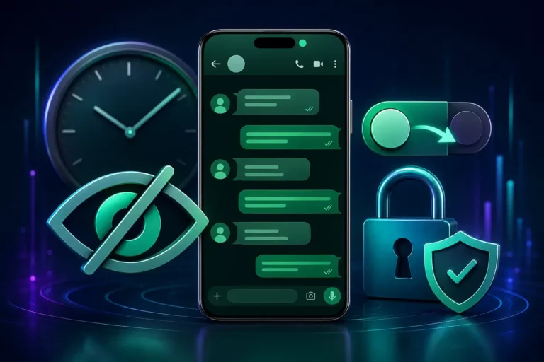 Celular com conversas do WhatsApp, relógio, olho oculto e cadeado representando a privacidade do visto por último.