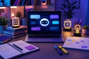 Notebook exibindo um assistente de inteligência artificial em uma mesa organizada com livros, calendário e materiais de estudo.