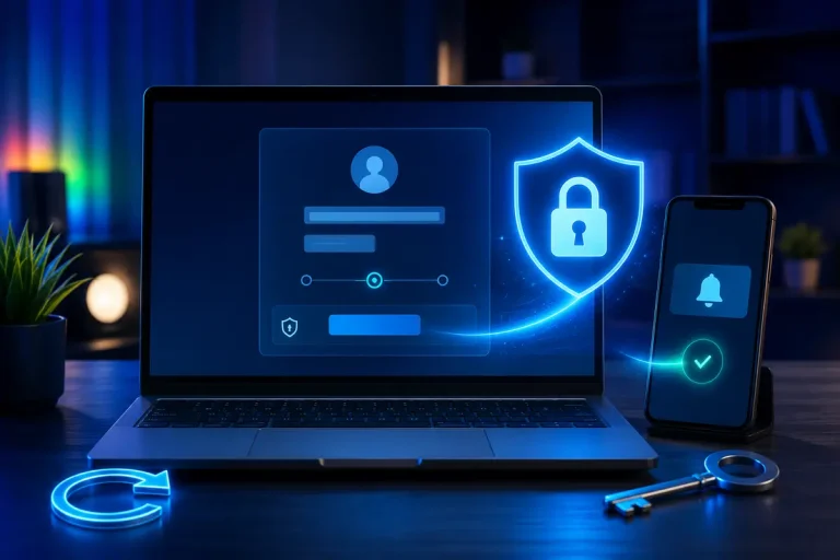 Notebook e celular mostrando como recuperar uma Conta do Google com verificação segura de acesso.