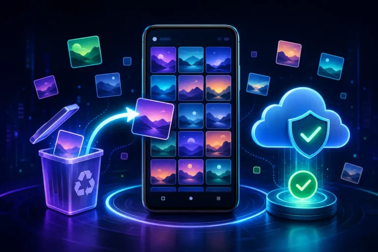 Celular Android exibindo uma galeria de fotos, com imagem saindo da Lixeira e backup protegido na nuvem.