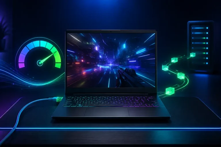 Notebook com cabo de rede mostrando como reduzir ping em jogos online no PC.