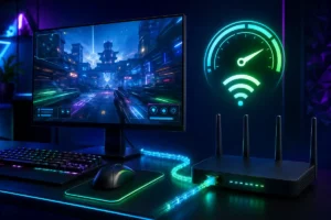 Computador gamer conectado ao roteador por cabo de rede, com velocímetro e sinal Wi-Fi representando ping baixo nos jogos.