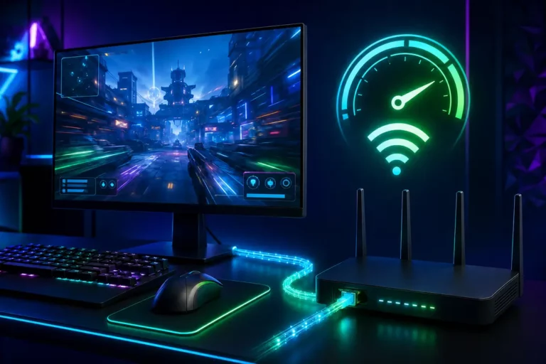 Computador gamer conectado ao roteador por cabo de rede, com velocímetro e sinal Wi-Fi representando ping baixo nos jogos.