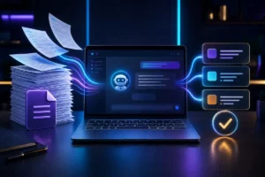 Notebook com assistente de inteligência artificial transformando textos e documentos PDF em resumos curtos e organizados.