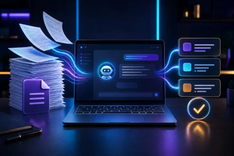 Notebook com assistente de inteligência artificial transformando textos e documentos PDF em resumos curtos e organizados.