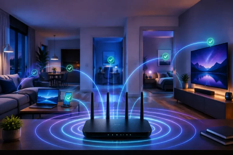 Roteador Wi-Fi distribuindo sinal para notebook, celular e televisão em diferentes cômodos de uma casa.