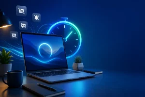 Sessões de foco no Windows 11 em notebook com temporizador de produtividade