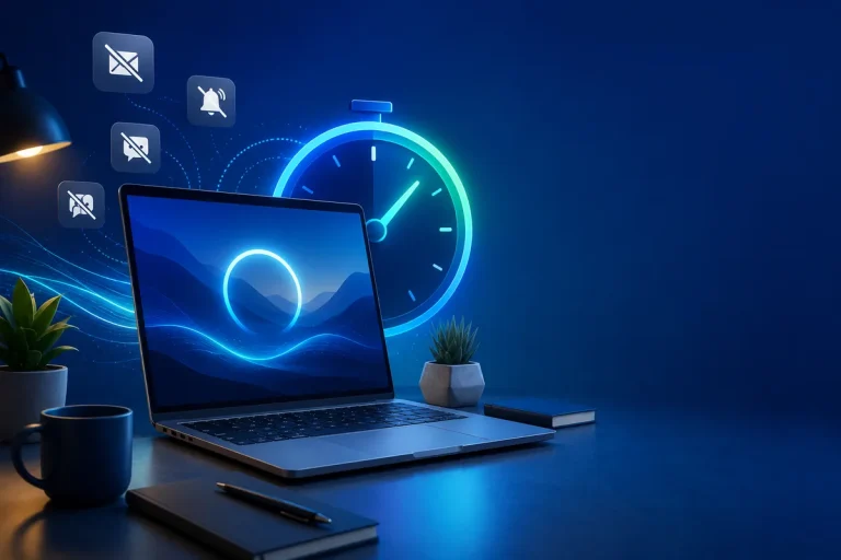 Sessões de foco no Windows 11 em notebook com temporizador de produtividade