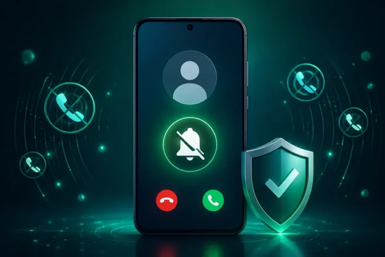 Celular mostrando como silenciar chamadas desconhecidas no WhatsApp com ícone de sino mudo e escudo de proteção.