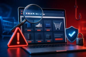 Notebook exibindo uma loja virtual suspeita com lupa, alerta de perigo, escudo e cadeado de segurança.