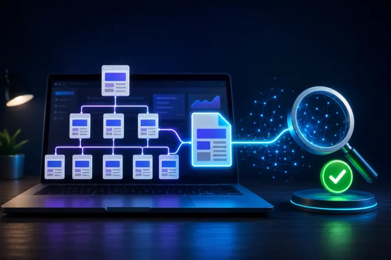 Estrutura de sitemap conectando páginas de um site a um mecanismo de busca para facilitar sua descoberta.