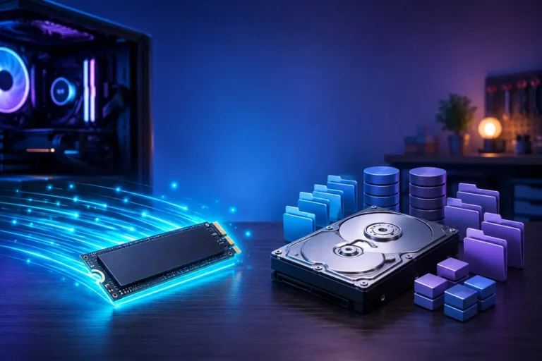 SSD M.2 e HD lado a lado representando diferenças de velocidade e capacidade de armazenamento.